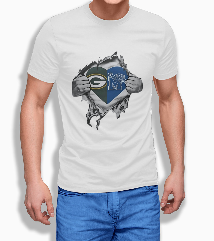 Green Bay Packers Memphis Tigers Heart Symbol Fusion T-Shirt