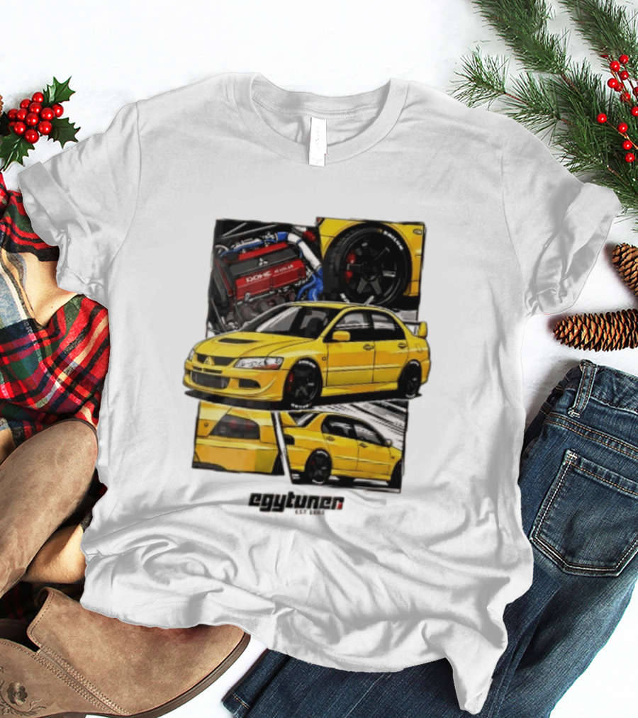 Mitsubishi Egytuner Est 2003 Yellow Lancer Evolution Engine Wheel Panels T-Shirt