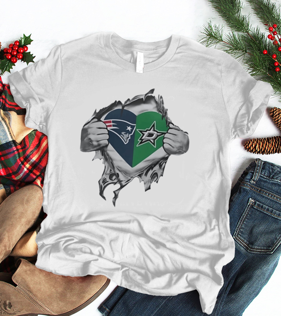 New England Patriots Dallas Stars Heart Split Design Fans T-Shirt