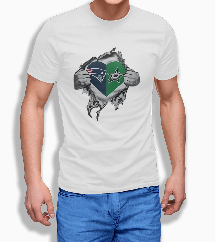 New England Patriots Dallas Stars Heart Split Design Fans T-Shirt