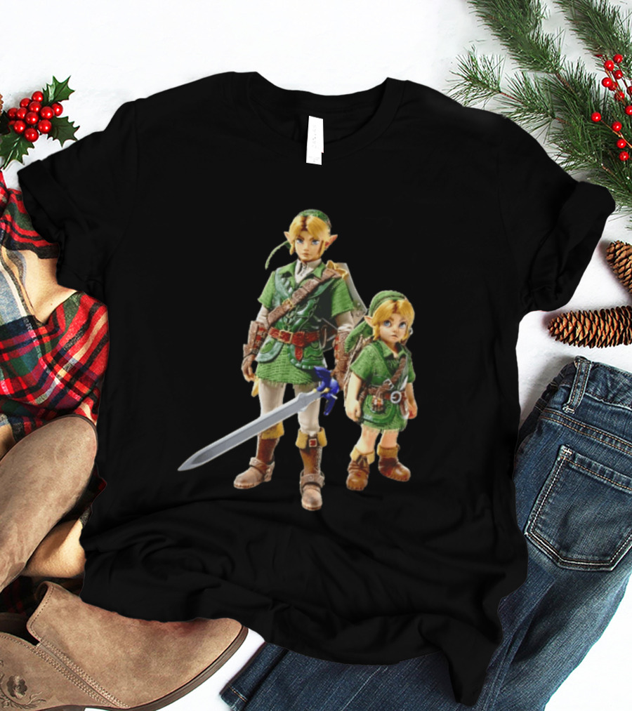 Adult And Young Link Green Tunic Warrior Sword Shield Render T-Shirt