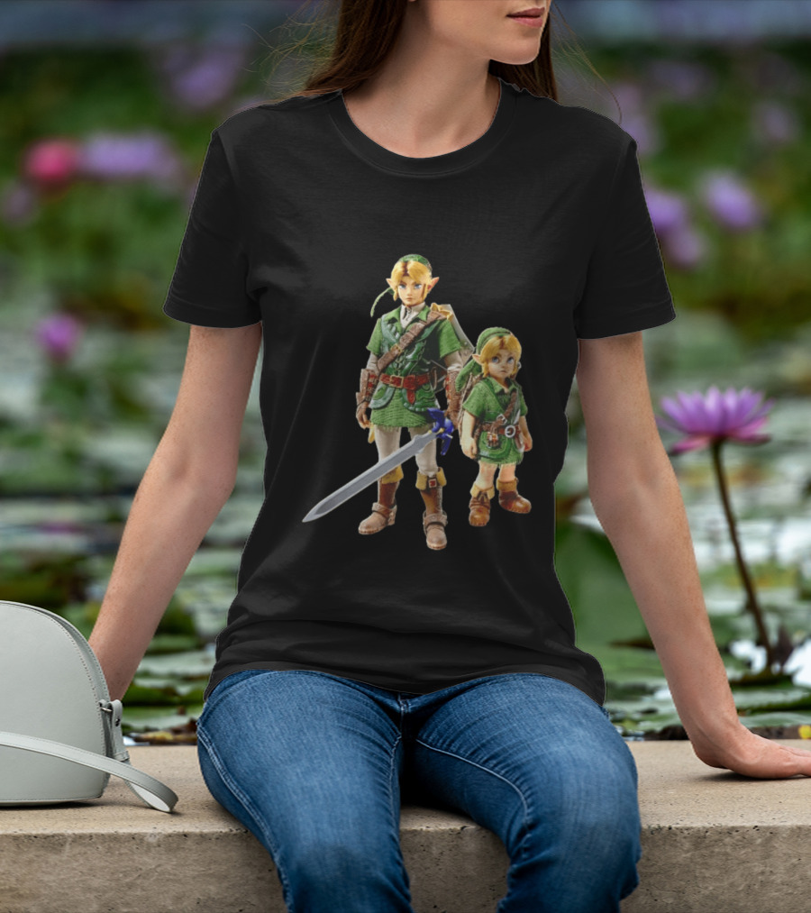 Adult And Young Link Green Tunic Warrior Sword Shield Render T-Shirt