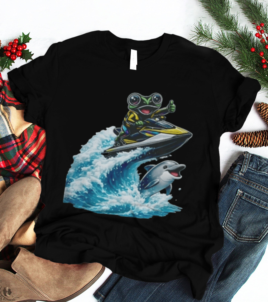 Cartoon Frog Thumbs Up Riding Jet Ski With Dolphin On Ocean Wave T-Shirt