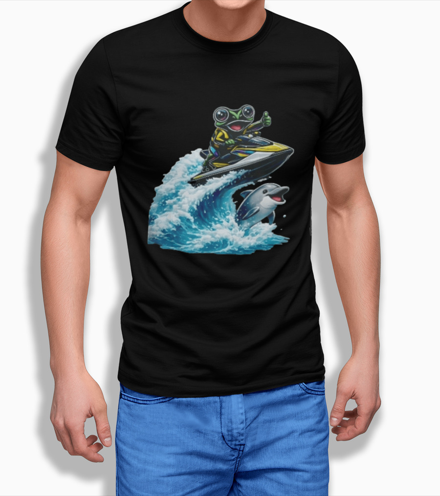 Cartoon Frog Thumbs Up Riding Jet Ski With Dolphin On Ocean Wave T-Shirt