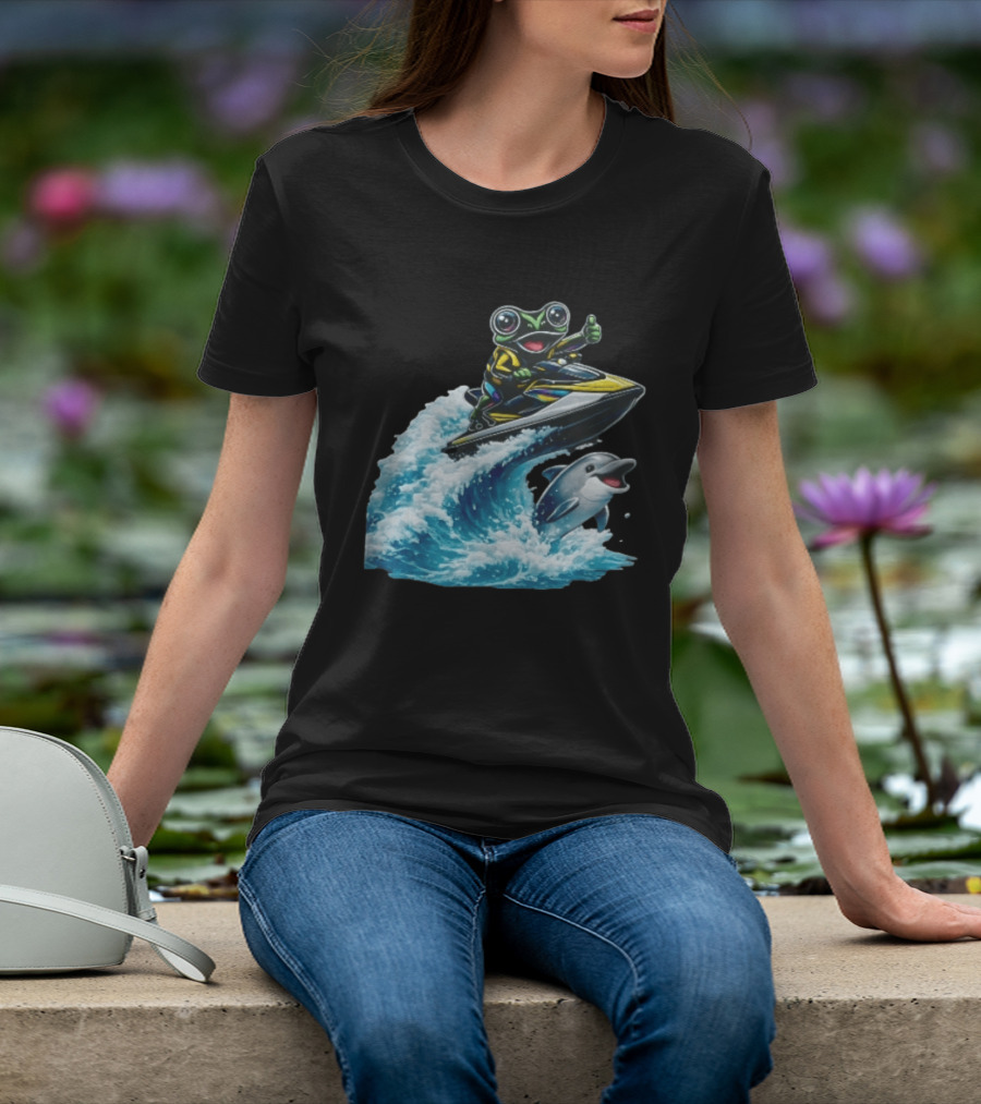 Cartoon Frog Thumbs Up Riding Jet Ski With Dolphin On Ocean Wave T-Shirt
