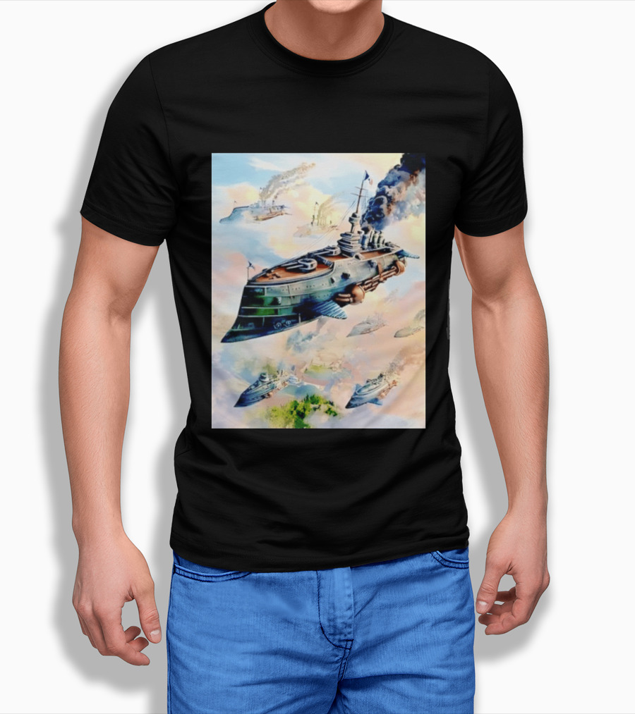 Steampunk Flying Battleship Armada Soaring Through The Clouds T-Shirt