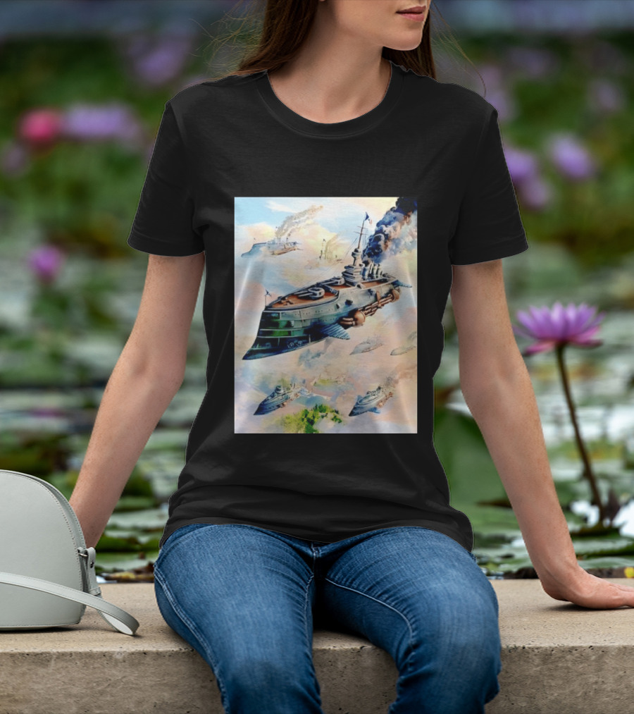 Steampunk Flying Battleship Armada Soaring Through The Clouds T-Shirt