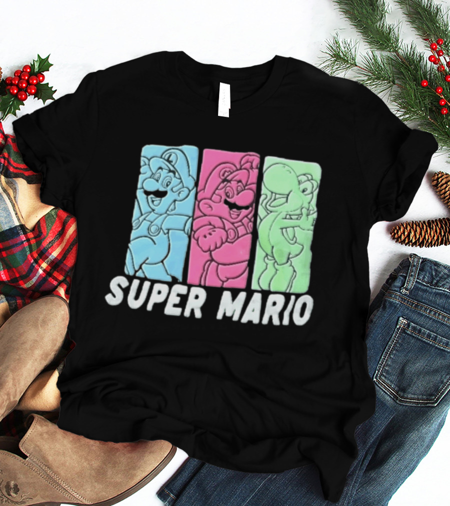 Super Mario Luigi Yoshi Characters Colorful Panels T-Shirt