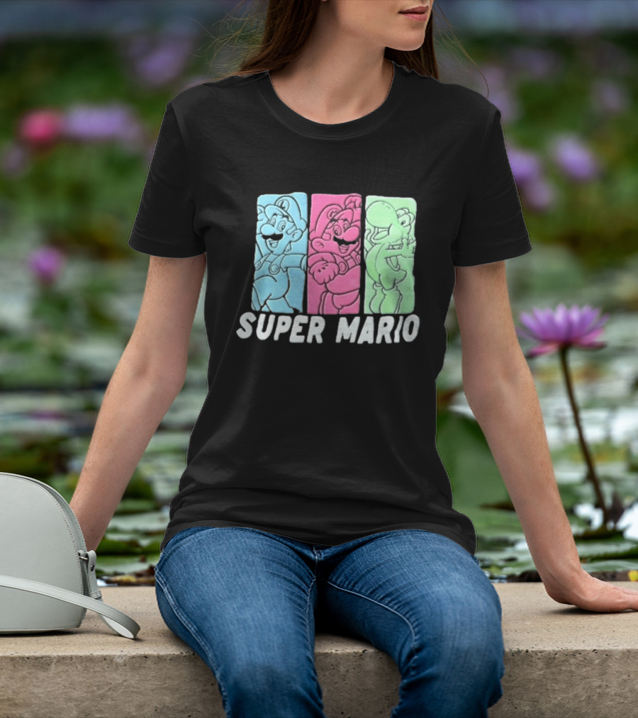 Super Mario Luigi Yoshi Characters Colorful Panels T-Shirt