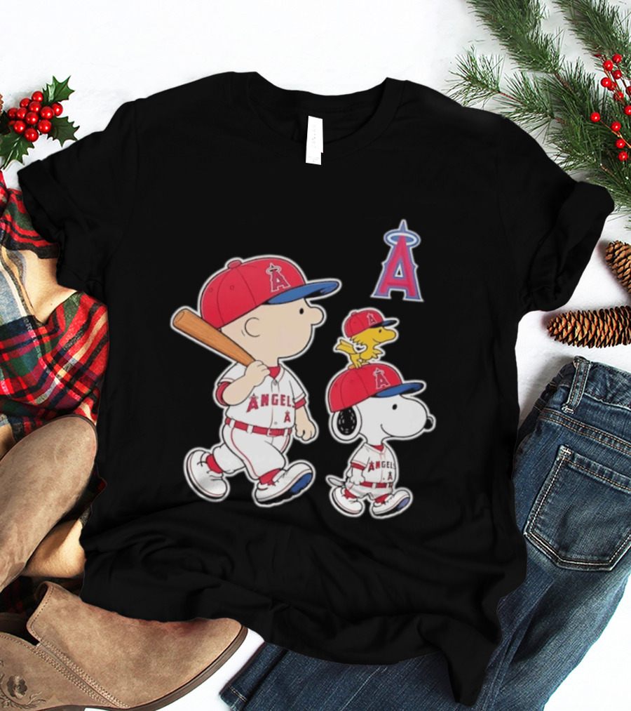 Charlie Brown Snoopy Woodstock Los Angeles Angels Baseball Team T-Shirt