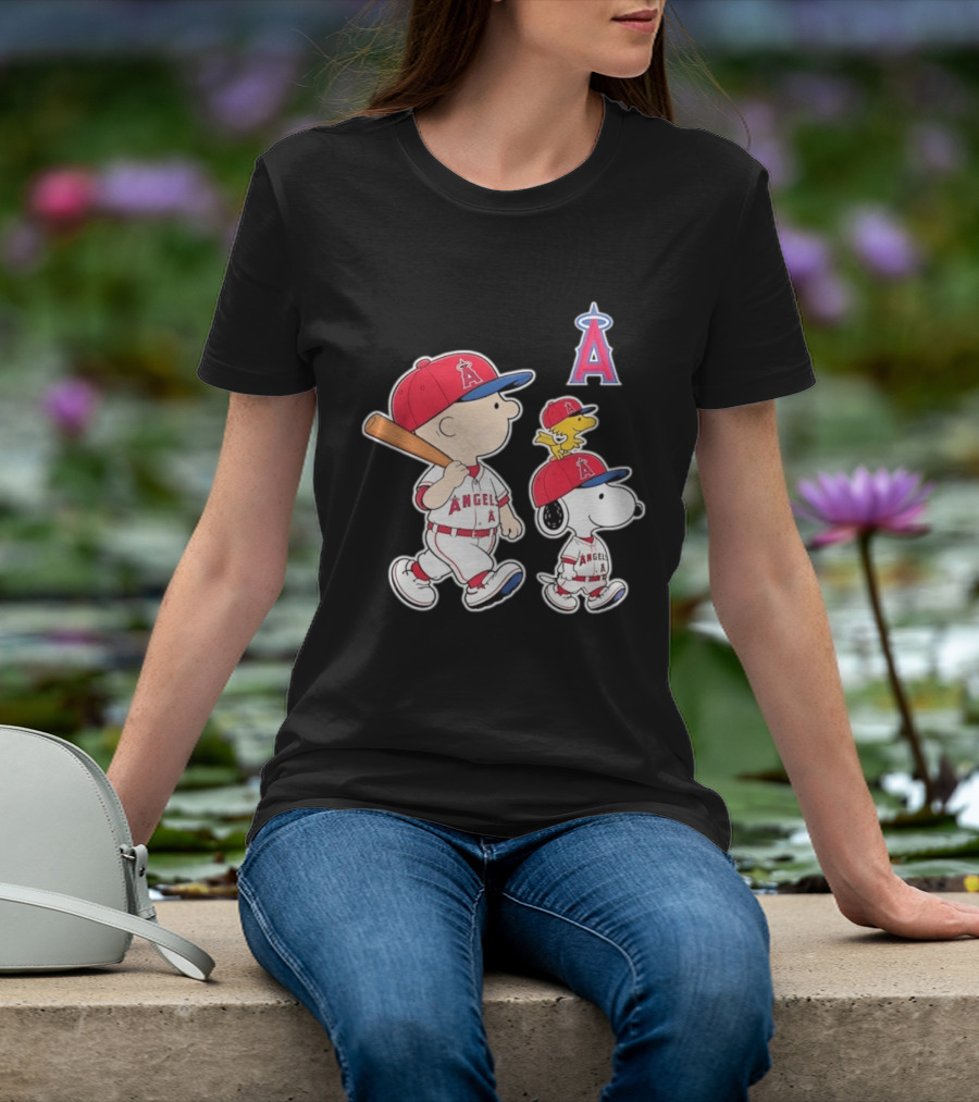 Charlie Brown Snoopy Woodstock Los Angeles Angels Baseball Team T-Shirt