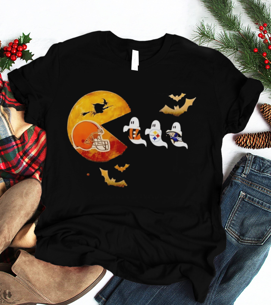 Cleveland Browns Pac Man Vs Bengals Steelers Ravens Halloween Battle T-Shirt