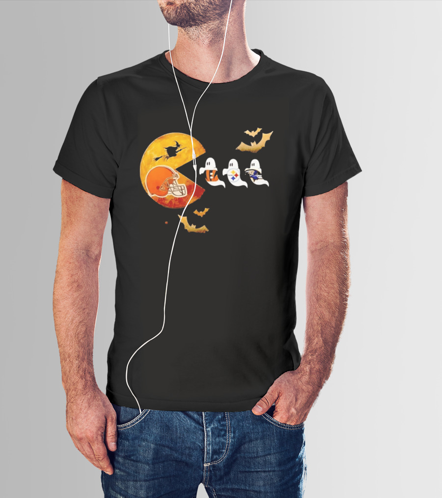 Cleveland Browns Pac Man Vs Bengals Steelers Ravens Halloween Battle T-Shirt
