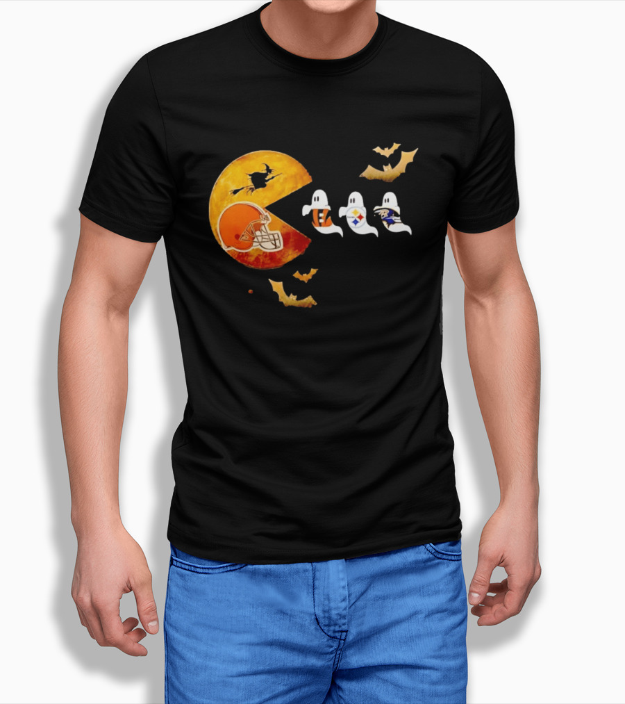 Cleveland Browns Pac Man Vs Bengals Steelers Ravens Halloween Battle T-Shirt