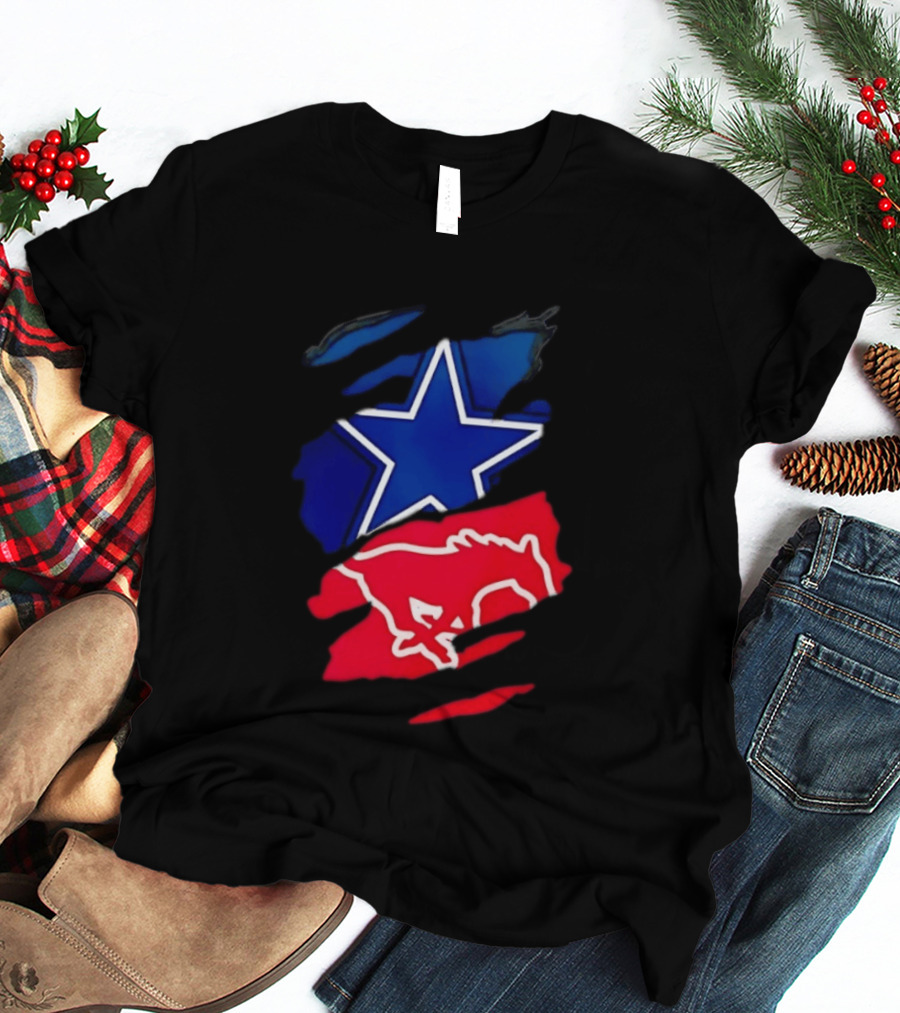 Dallas Cowboys Star And SMU Mustangs Red Ripped Effect T-Shirt