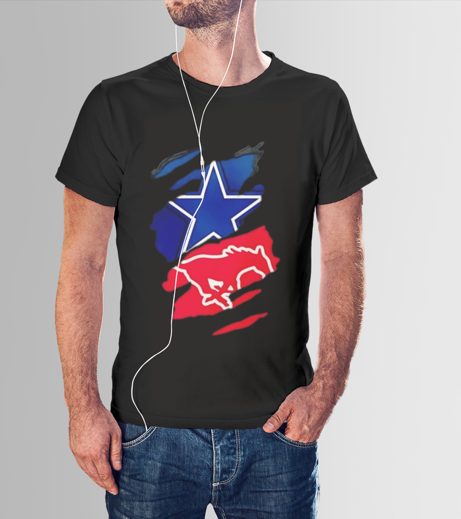 Dallas Cowboys Star And SMU Mustangs Red Ripped Effect T-Shirt