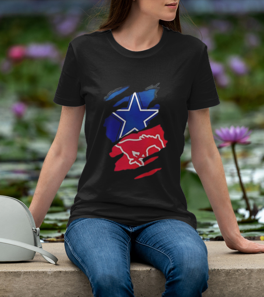 Dallas Cowboys Star And SMU Mustangs Red Ripped Effect T-Shirt
