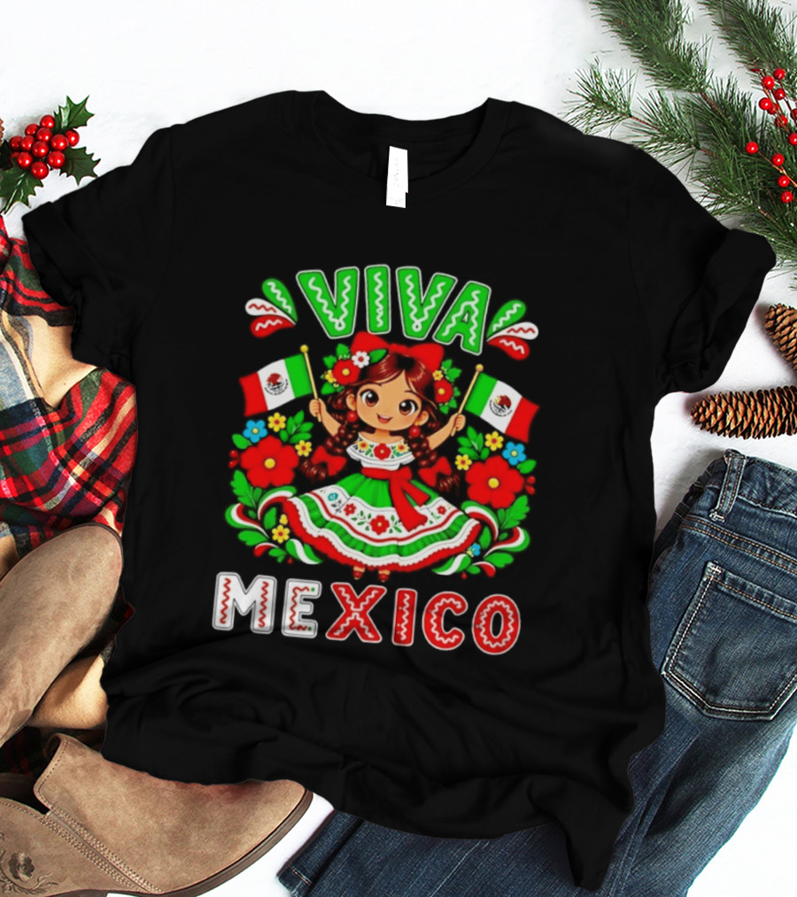 Viva Mexico Traditional Dress Girl With Flags Mexican Celebration T-Shirt