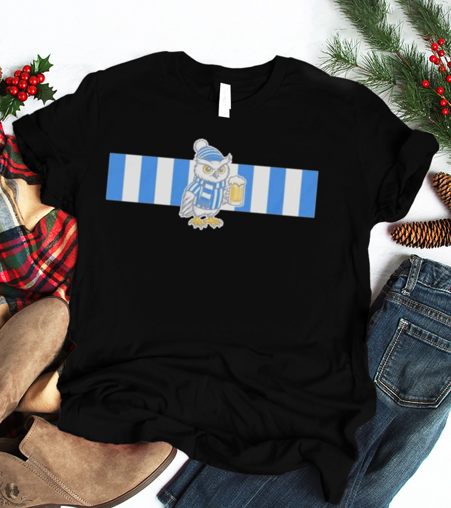 Owl In Blue And White Stripes With Beer T-Shirt
