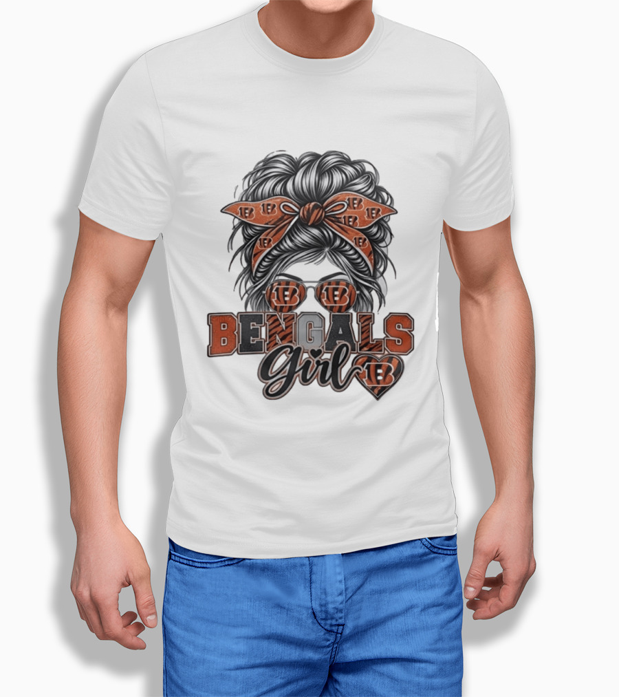 Bengals Girl Messy Bun Fan With Glasses And Bow T-Shirt