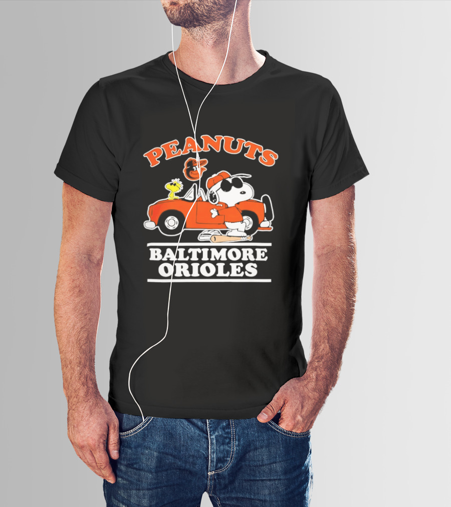 Peanuts Snoopy And Woodstock Driving Baltimore Orioles Car T-Shirt