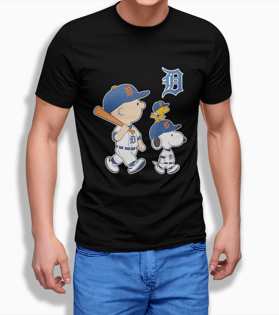 Charlie Brown Snoopy Woodstock Detroit Tigers Baseball Peanuts T-Shirt