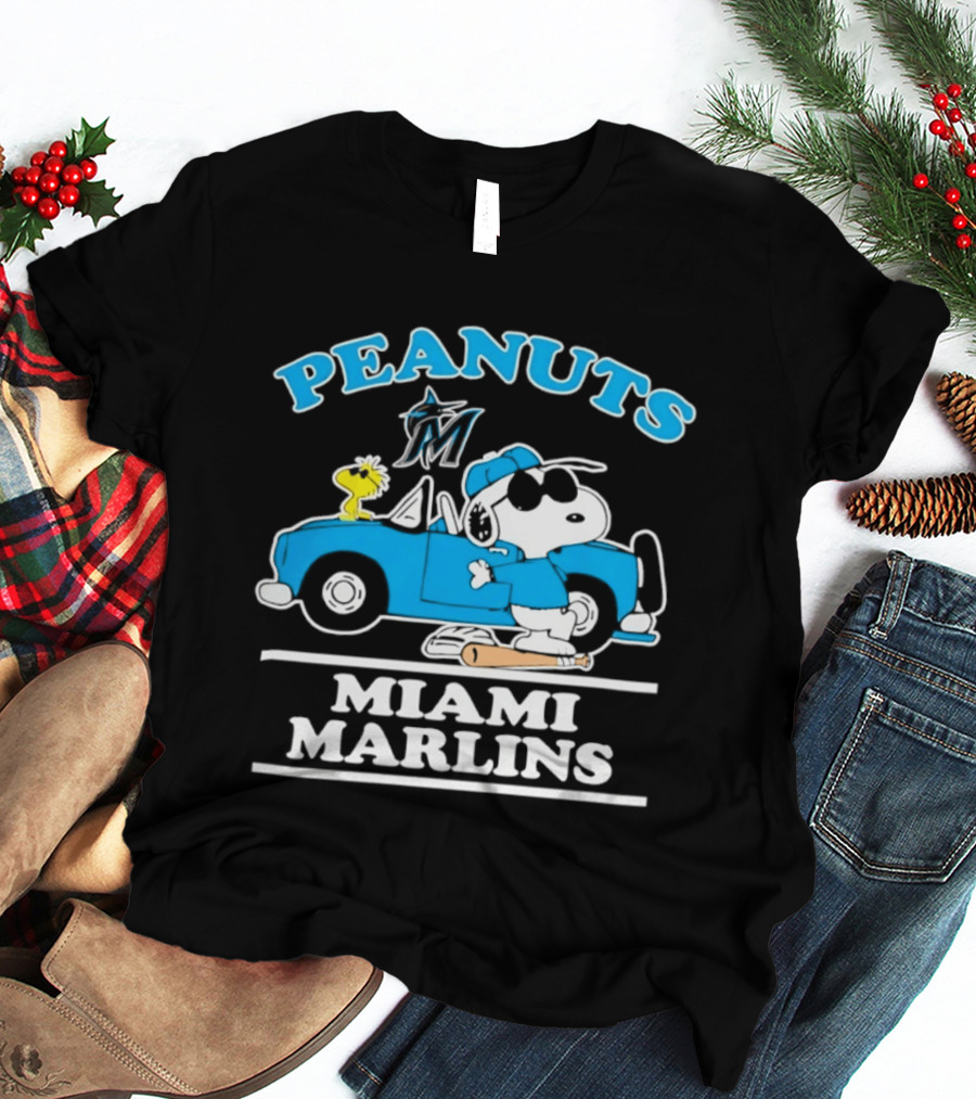 Peanuts Snoopy And Woodstock Miami Marlins Baseball Driving Adventure T-Shirt