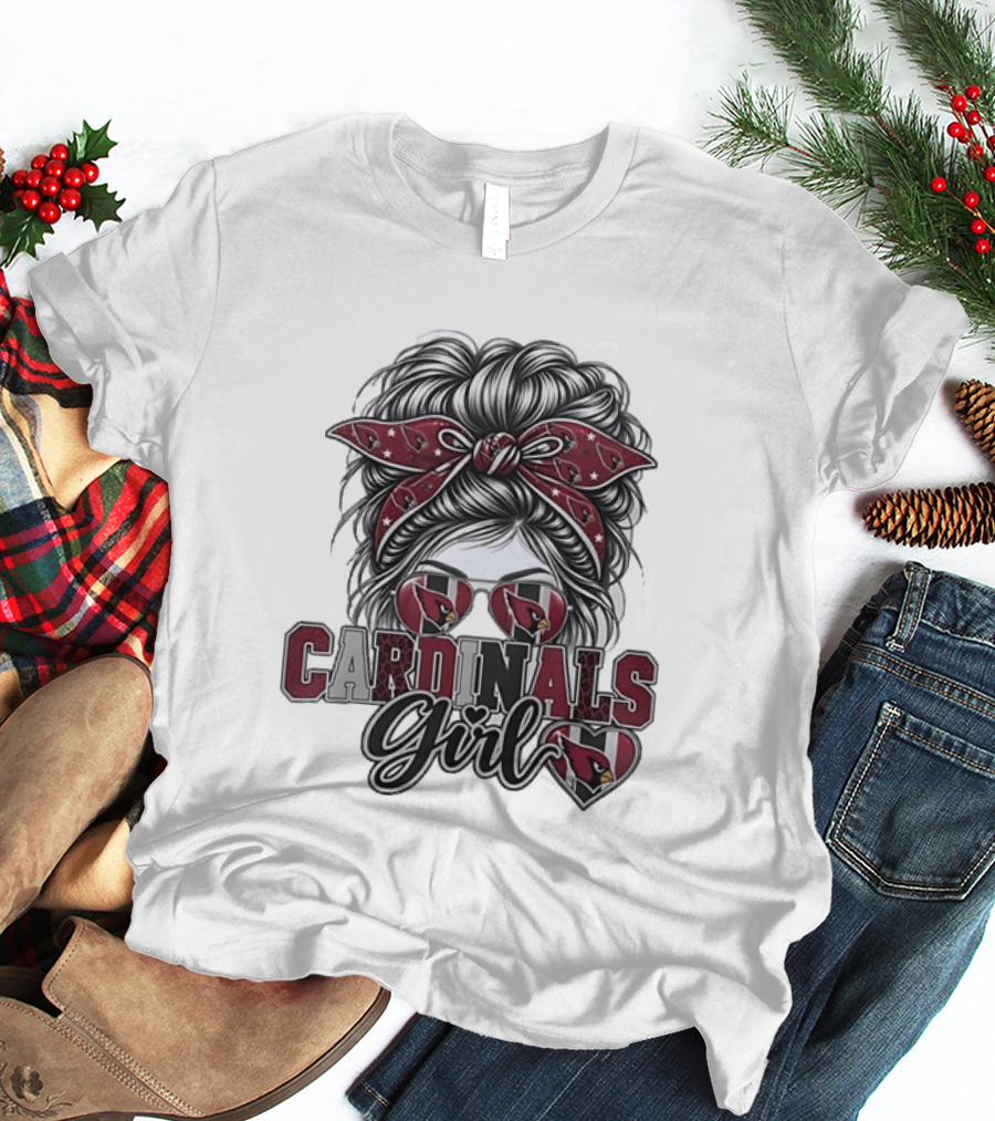 Cardinals Girl Messy Bun Bandana Sunglasses Football T-Shirt