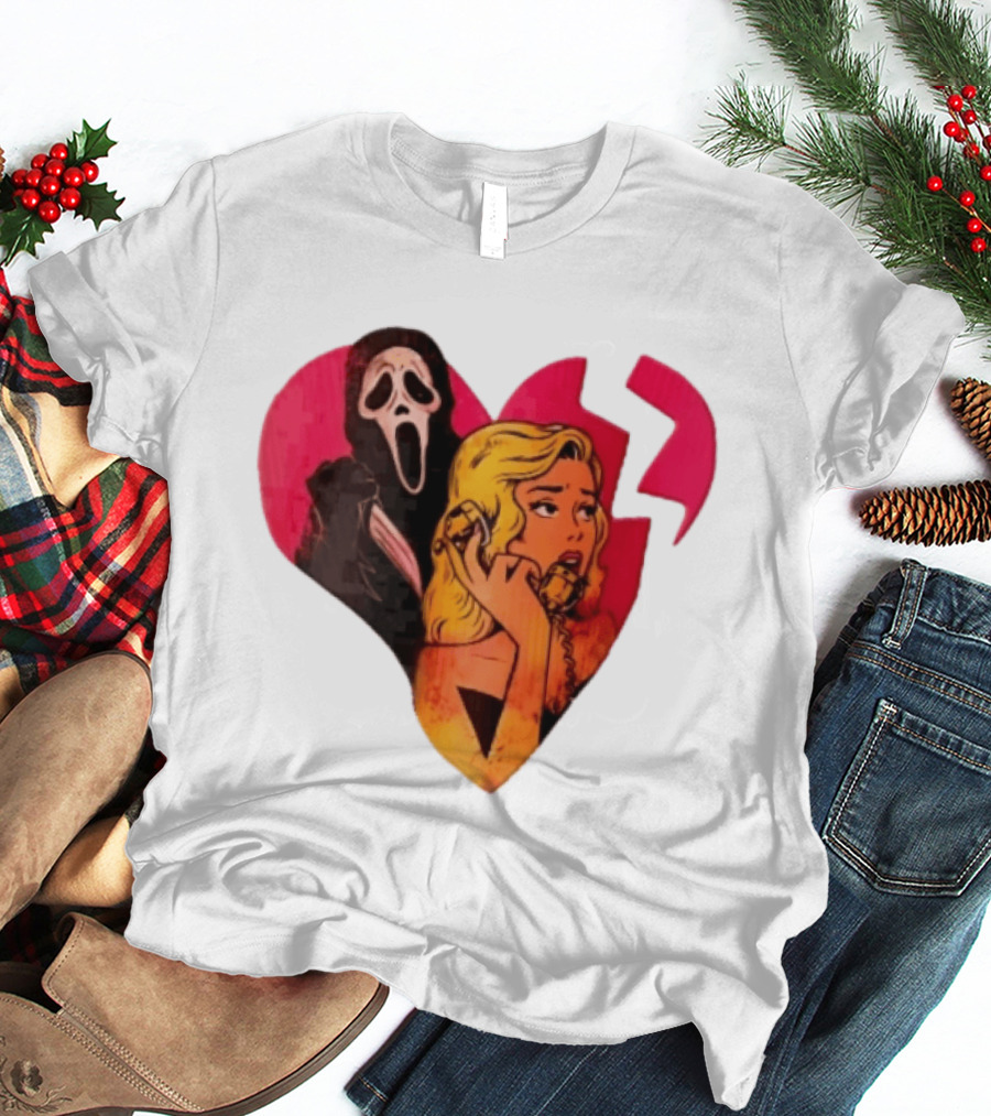 Cartoon Blonde Woman Ghostface Broken Pink Heart Knife Phone T-Shirt