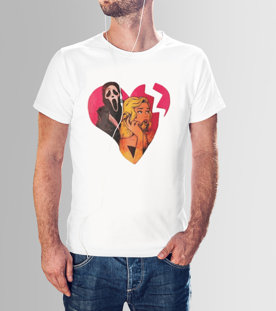 Cartoon Blonde Woman Ghostface Broken Pink Heart Knife Phone T-Shirt