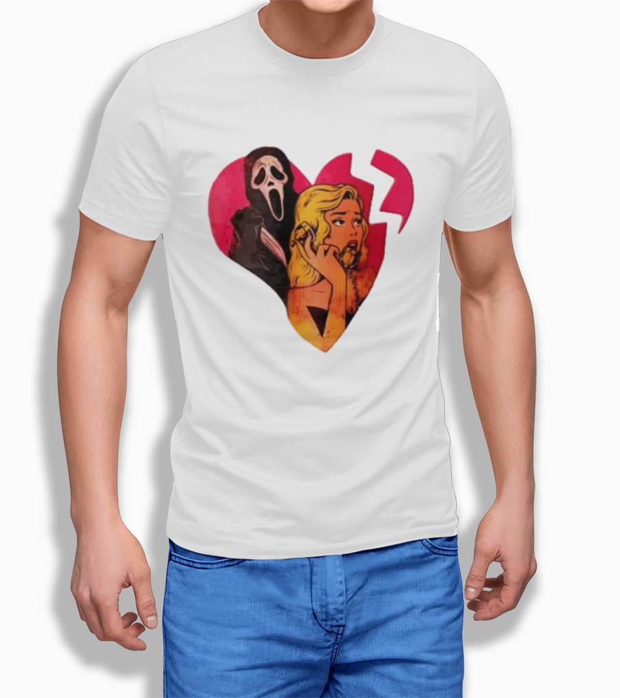 Cartoon Blonde Woman Ghostface Broken Pink Heart Knife Phone T-Shirt