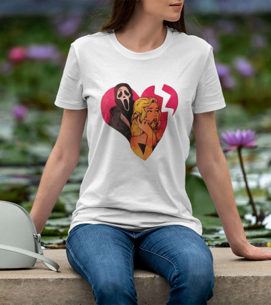 Cartoon Blonde Woman Ghostface Broken Pink Heart Knife Phone T-Shirt