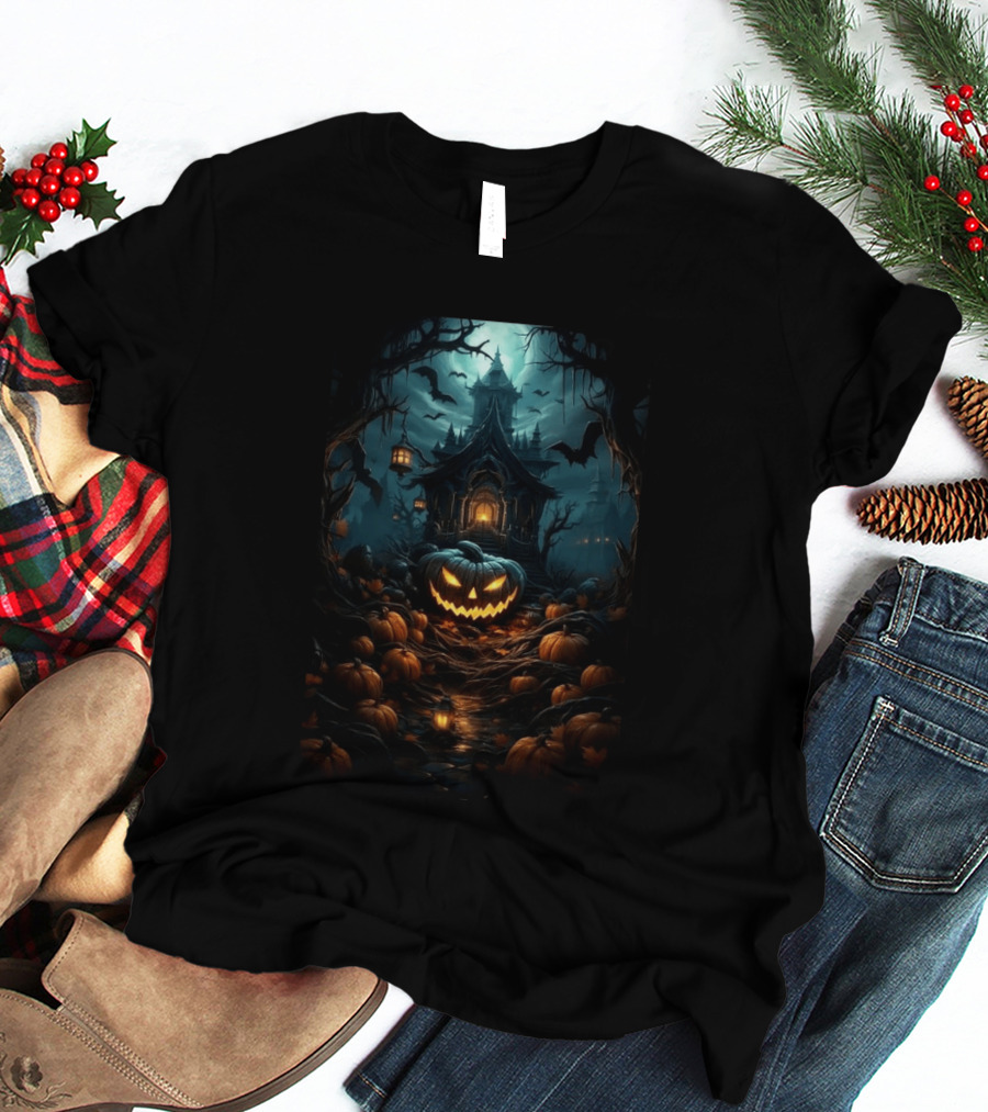 Haunted House Pumpkin Season Halloween Spooky Night Scene With Jack O' Lanterns And Bats T-Shirt