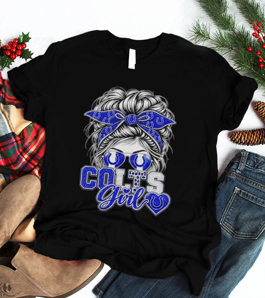 Indianapolis Colts Girl Messy Bun Blue Bandana Sunglasses Fan T-Shirt
