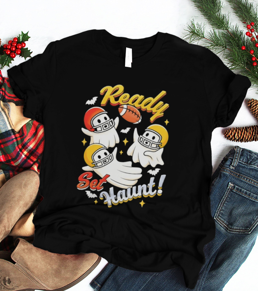 Ready Set Haunt Ghosts Football Helmet Halloween T-Shirt