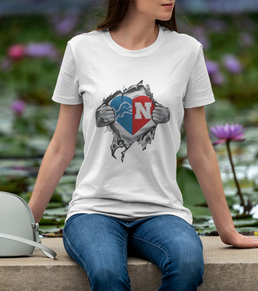 Detroit Lions Nebraska Cornhuskers Heart Logo Fan T-Shirt