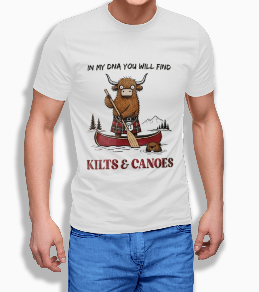 In My DNA You Will Find Kilts And Canoes Cartoon Highland Cow Paddling T-Shirt