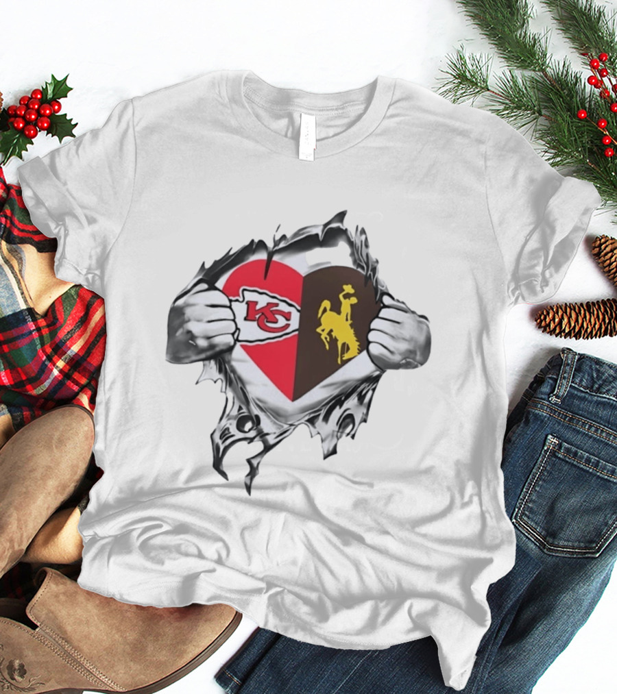 Kansas City Chiefs Wyoming Cowboys Heart Fan Pride Combination T-Shirt