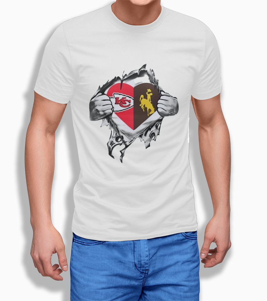 Kansas City Chiefs Wyoming Cowboys Heart Fan Pride Combination T-Shirt