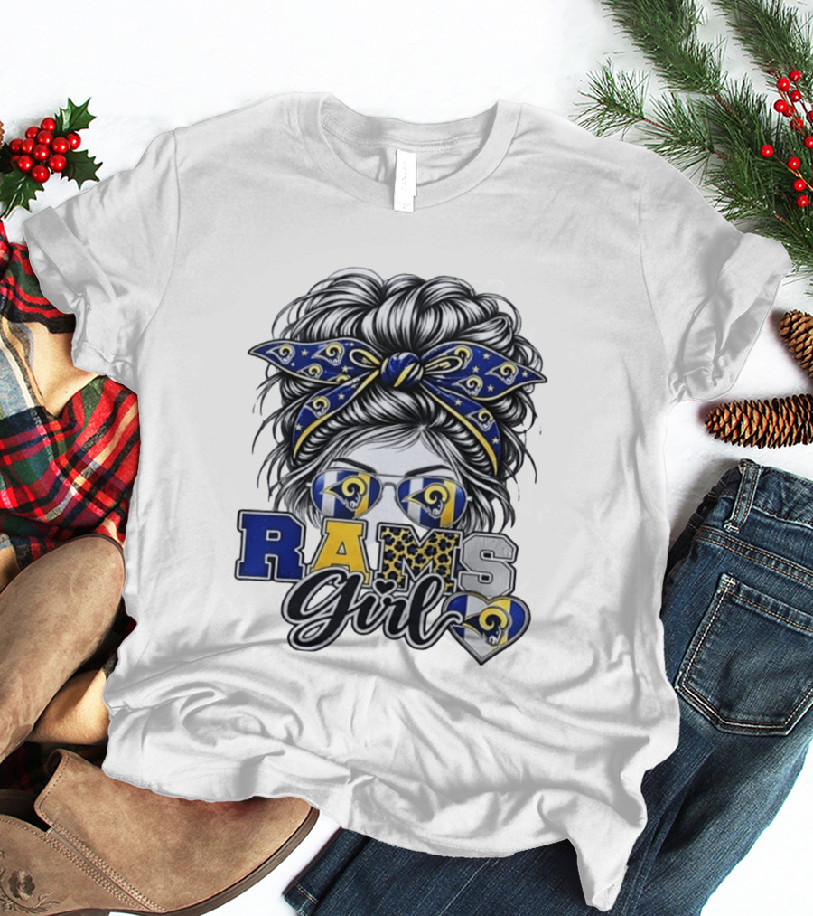 Rams Girl Messy Bun Bandana Sunglasses Fan T-Shirt