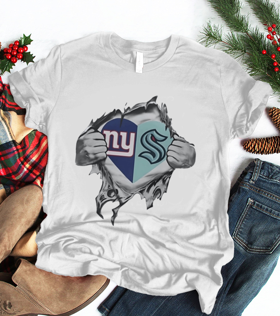 New York Giants Seattle Kraken Fan Heart Fusion T-Shirt