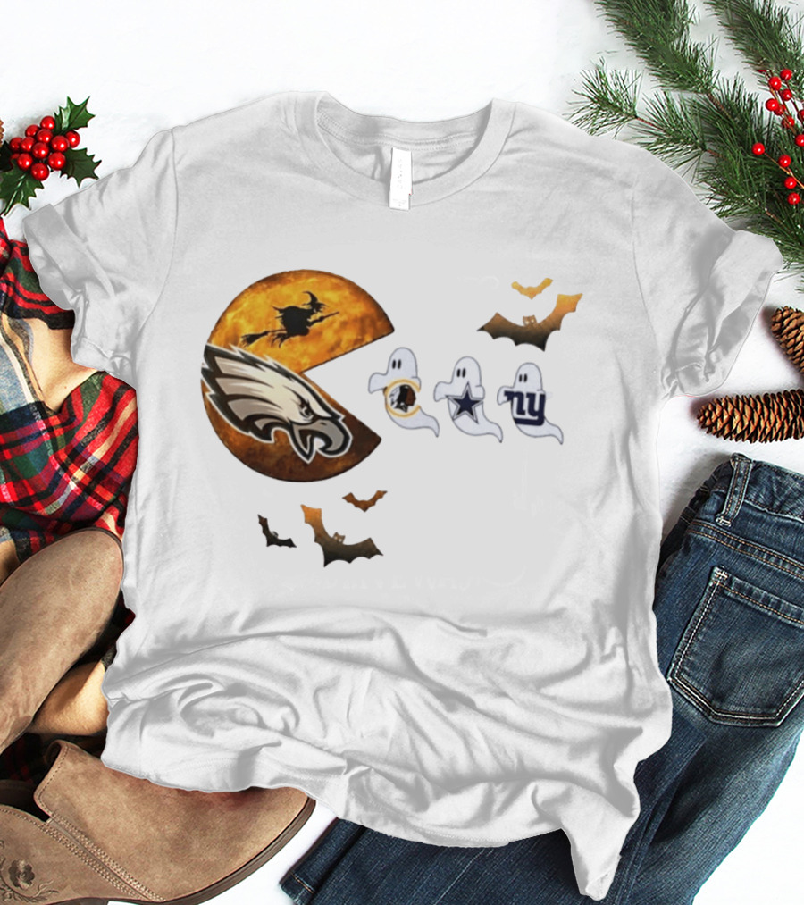 Philadelphia Eagles Pac Man Halloween Washington Commanders Cowboys Giants Ghosts T-Shirt