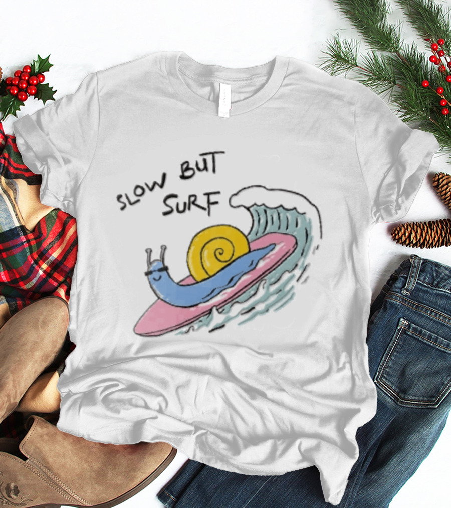 Slow But Surf Cartoon Blue Snail Riding Pink Surfboard Wave T-Shirt