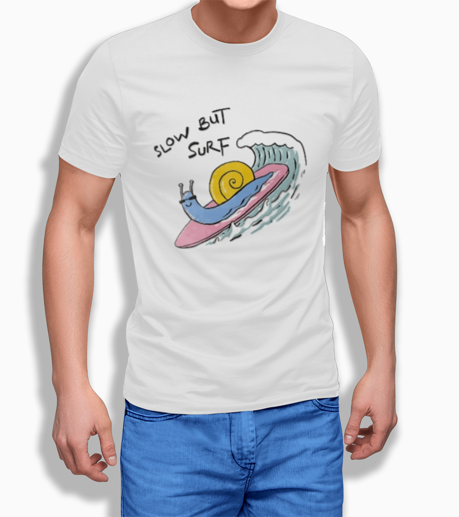 Slow But Surf Cartoon Blue Snail Riding Pink Surfboard Wave T-Shirt