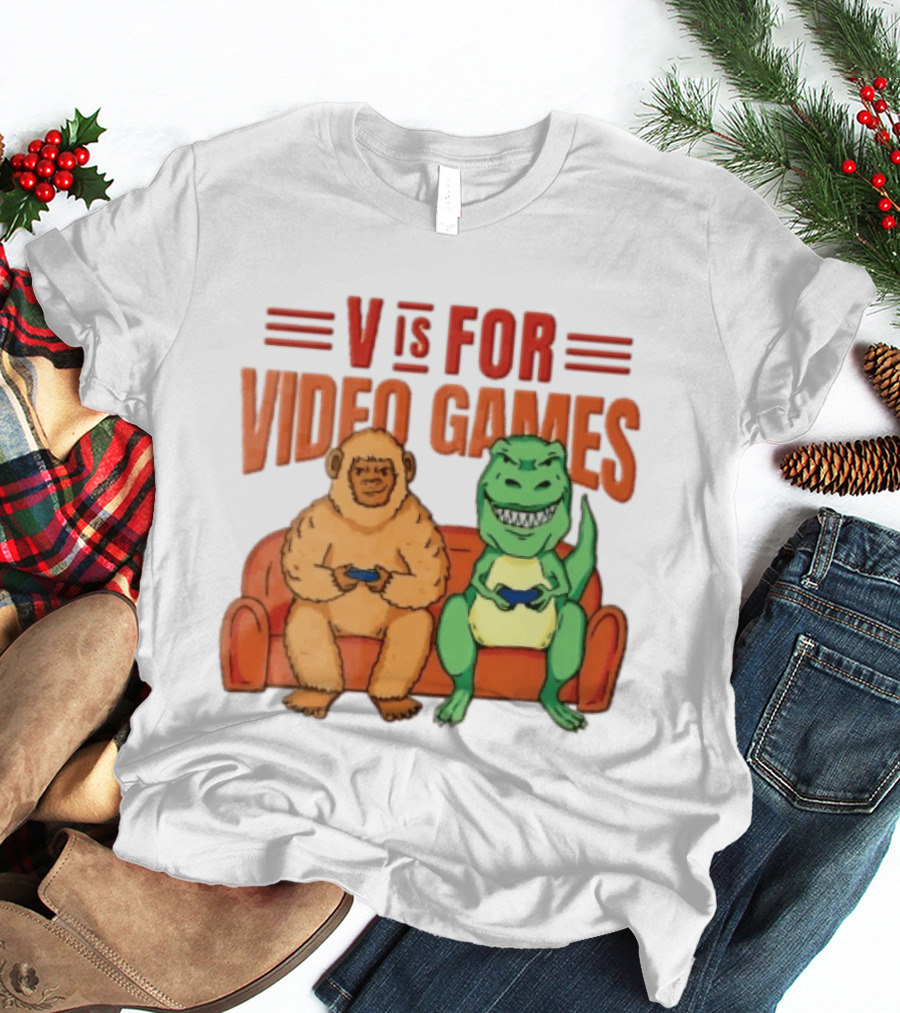 V Is For Video Games Sasquatch Dinosaur Couch Controllers Cartoon T-Shirt