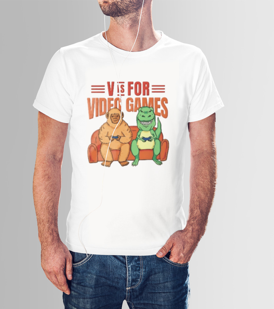 V Is For Video Games Sasquatch Dinosaur Couch Controllers Cartoon T-Shirt