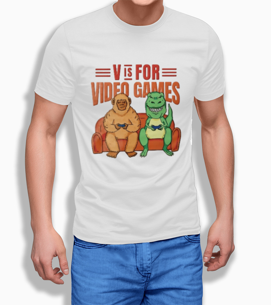 V Is For Video Games Sasquatch Dinosaur Couch Controllers Cartoon T-Shirt
