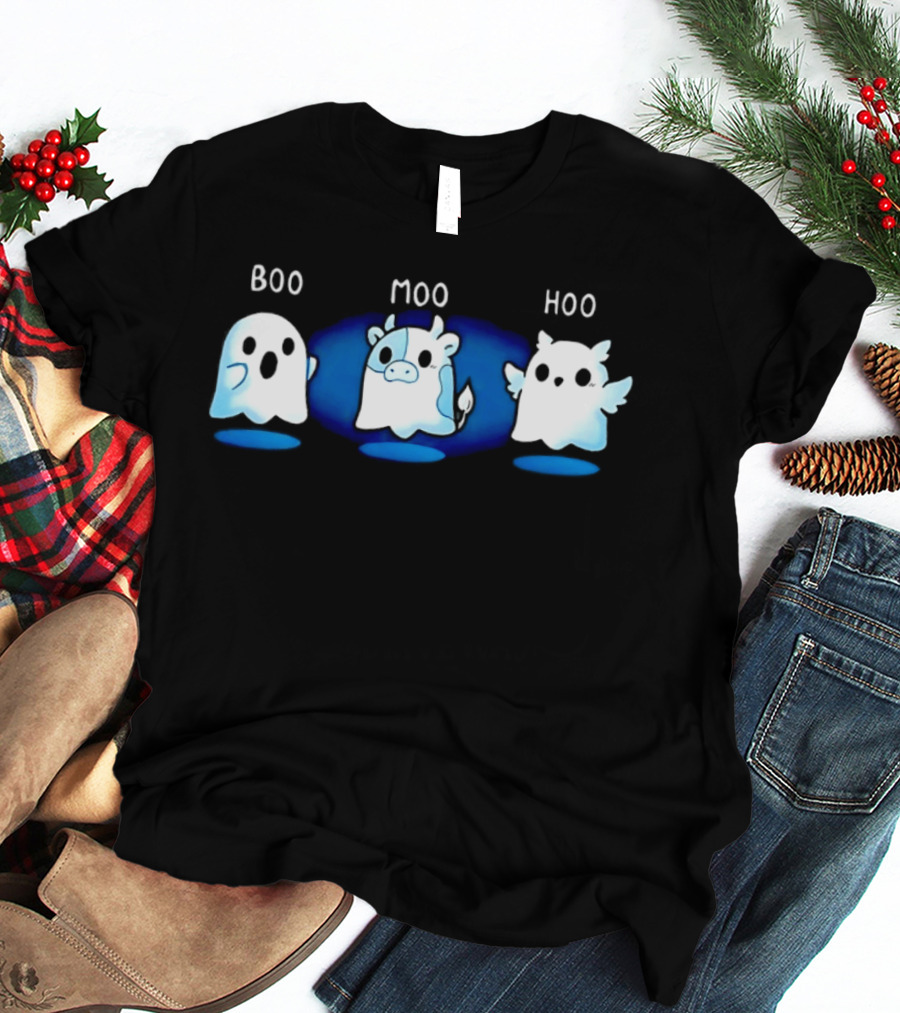 Boo Moo Hoo Halloween Ghost Cow And Owl Fun T-Shirt