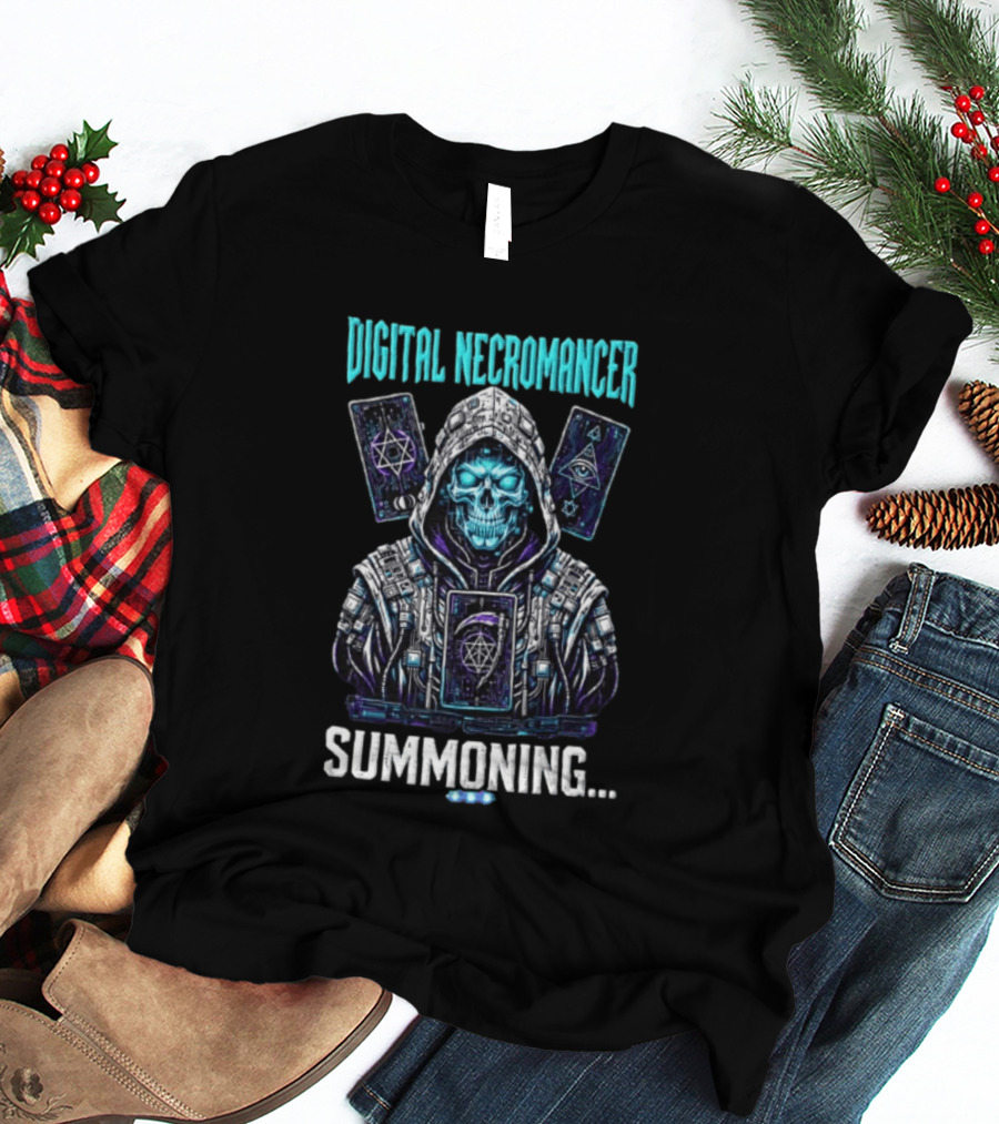 Digital Necromancer Summoning Cyber Skull Tarot Cards T-Shirt
