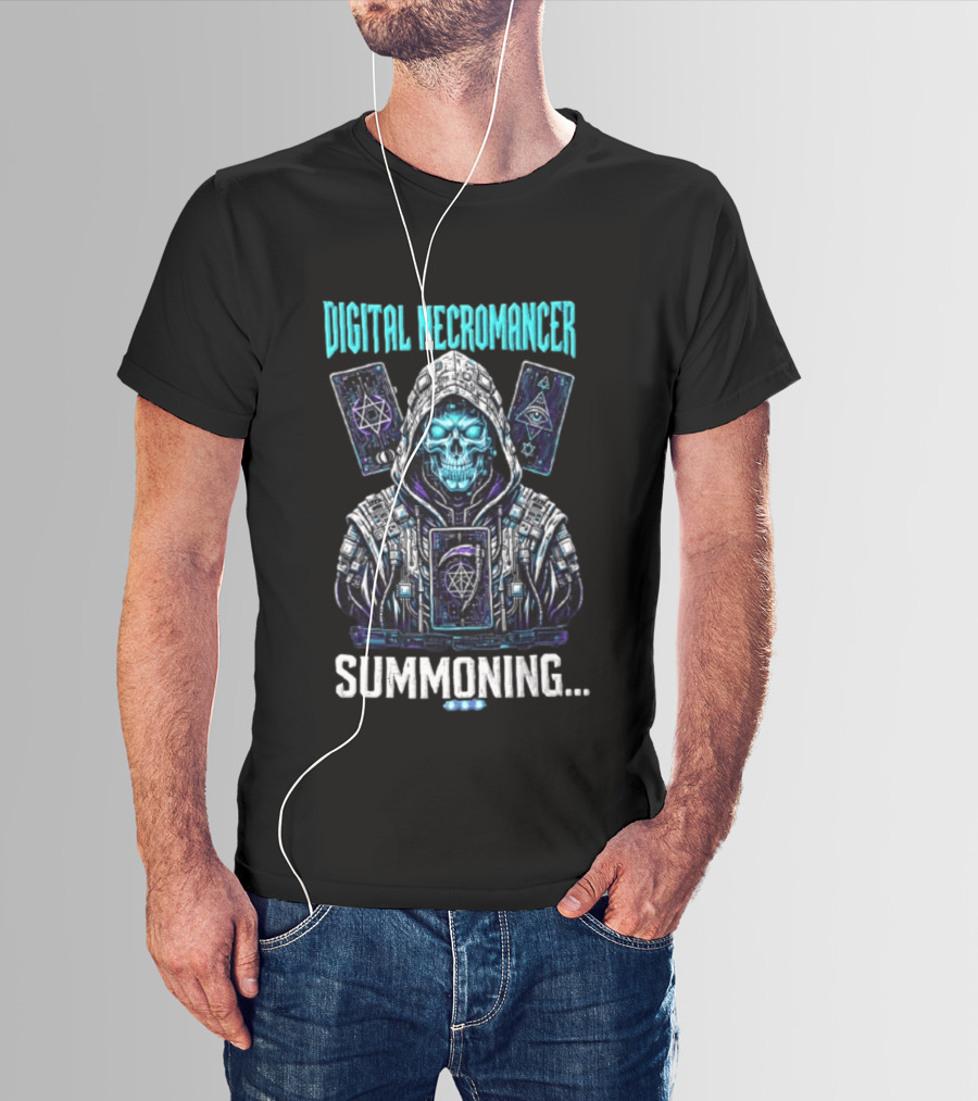 Digital Necromancer Summoning Cyber Skull Tarot Cards T-Shirt